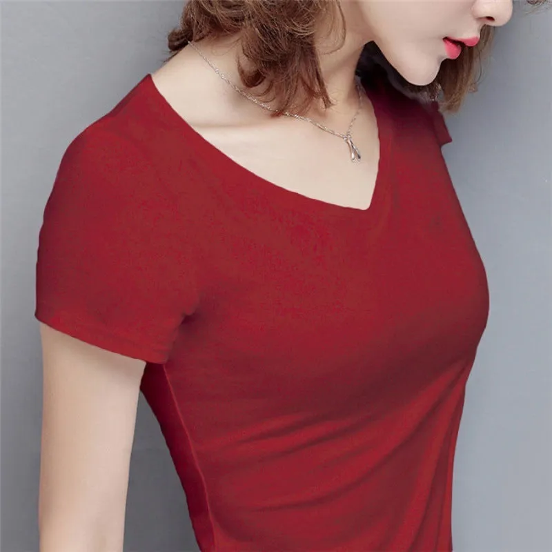 S-5XL Women's Cotton T-shirt Summer V-neck Tops Tees Female