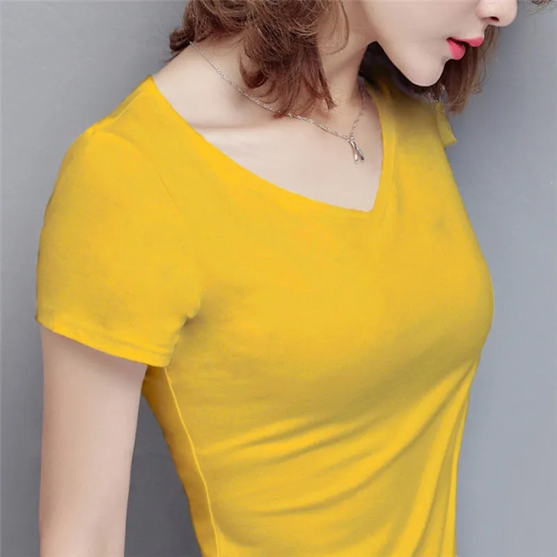 S-5XL Women's Cotton T-shirt Summer V-neck Tops Tees Female