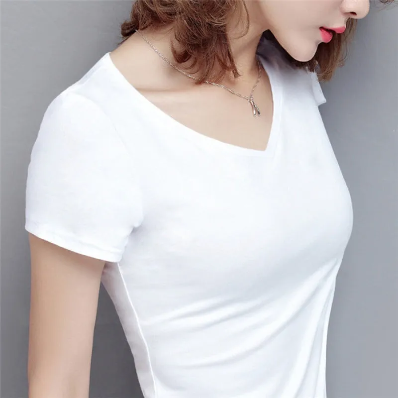 S-5XL Women's Cotton T-shirt Summer V-neck Tops Tees Female