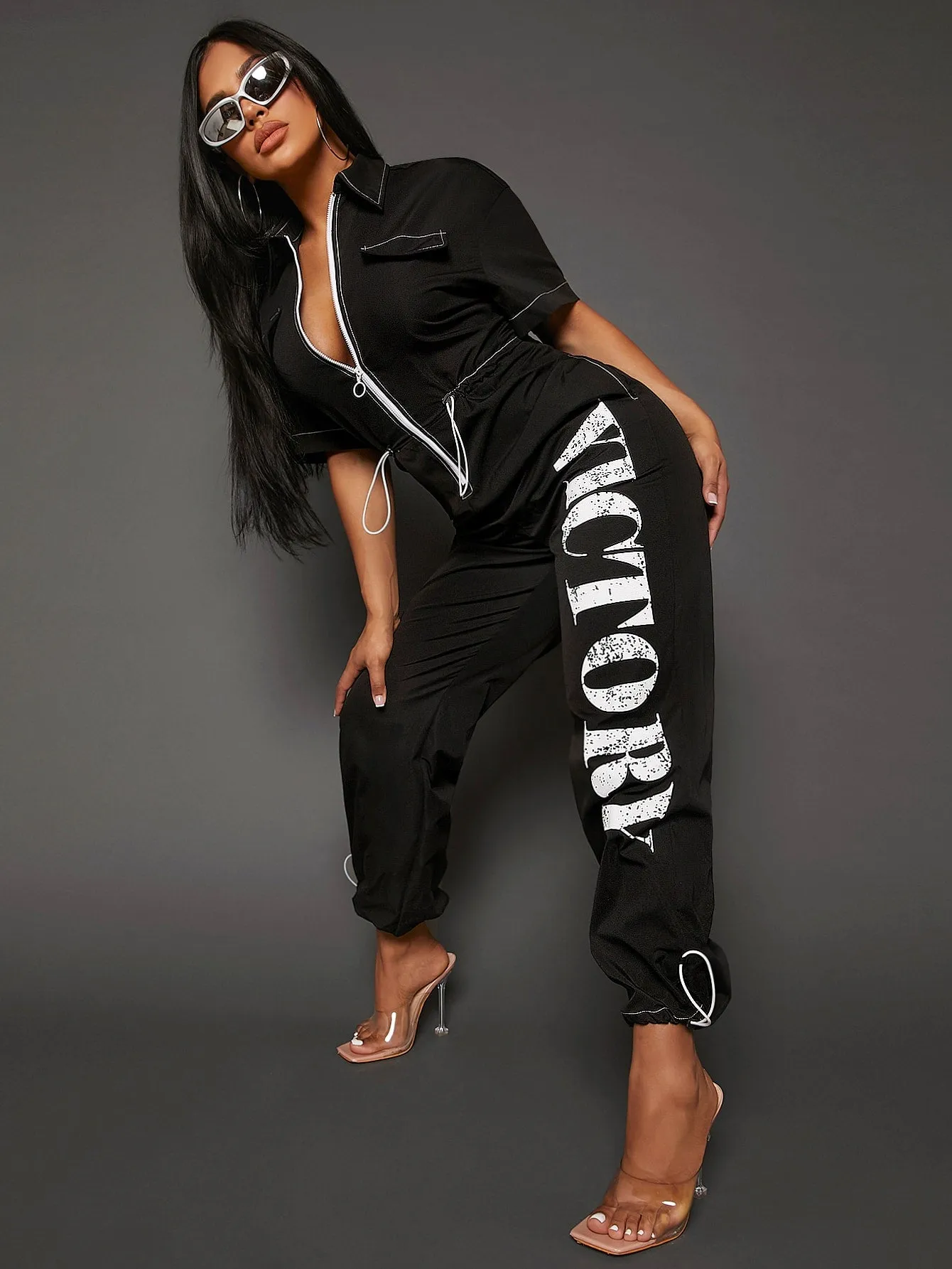 SEXY Letter Graphic Zip Up Drawstring Waist Jumpsuit