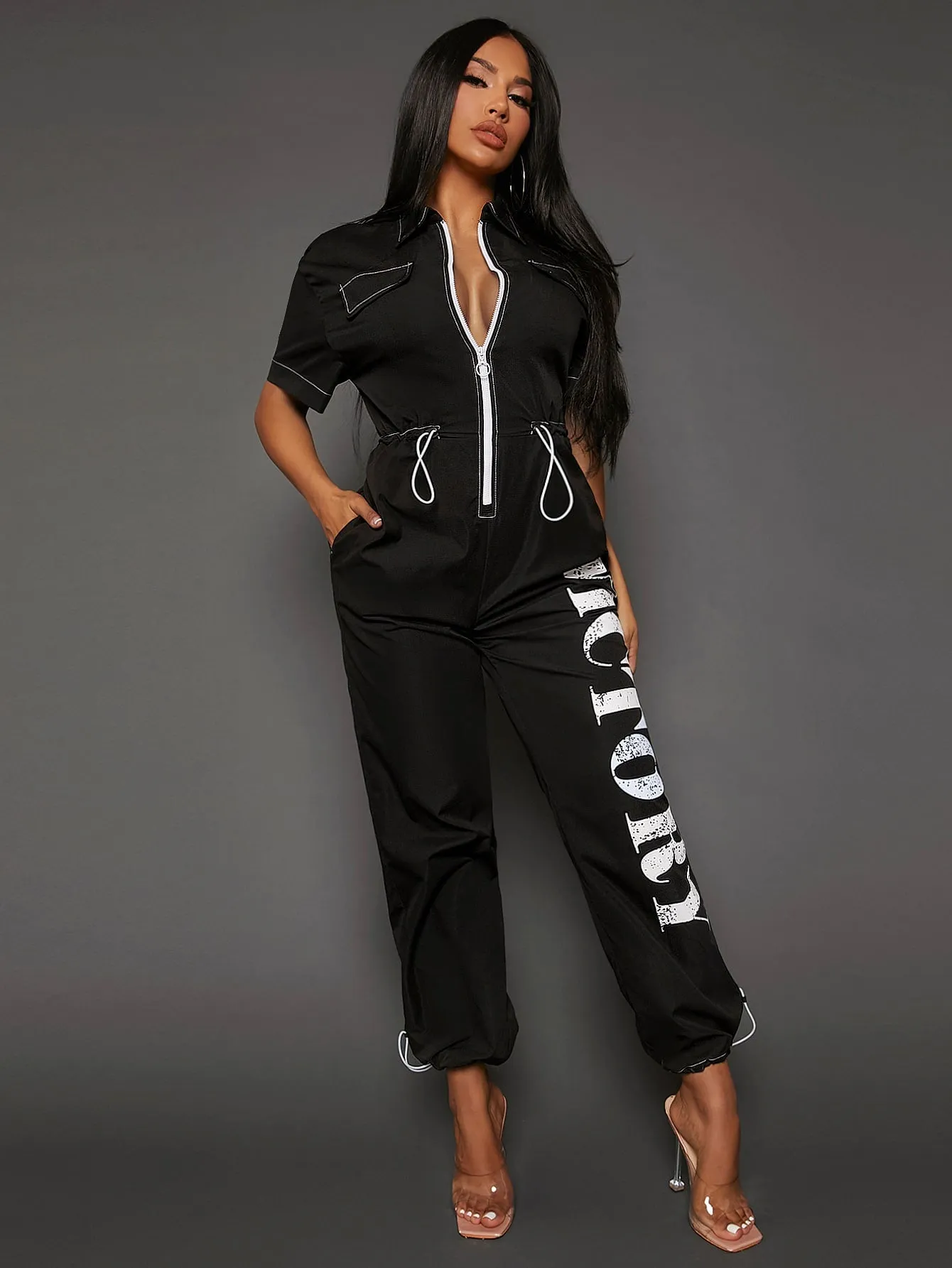 SEXY Letter Graphic Zip Up Drawstring Waist Jumpsuit