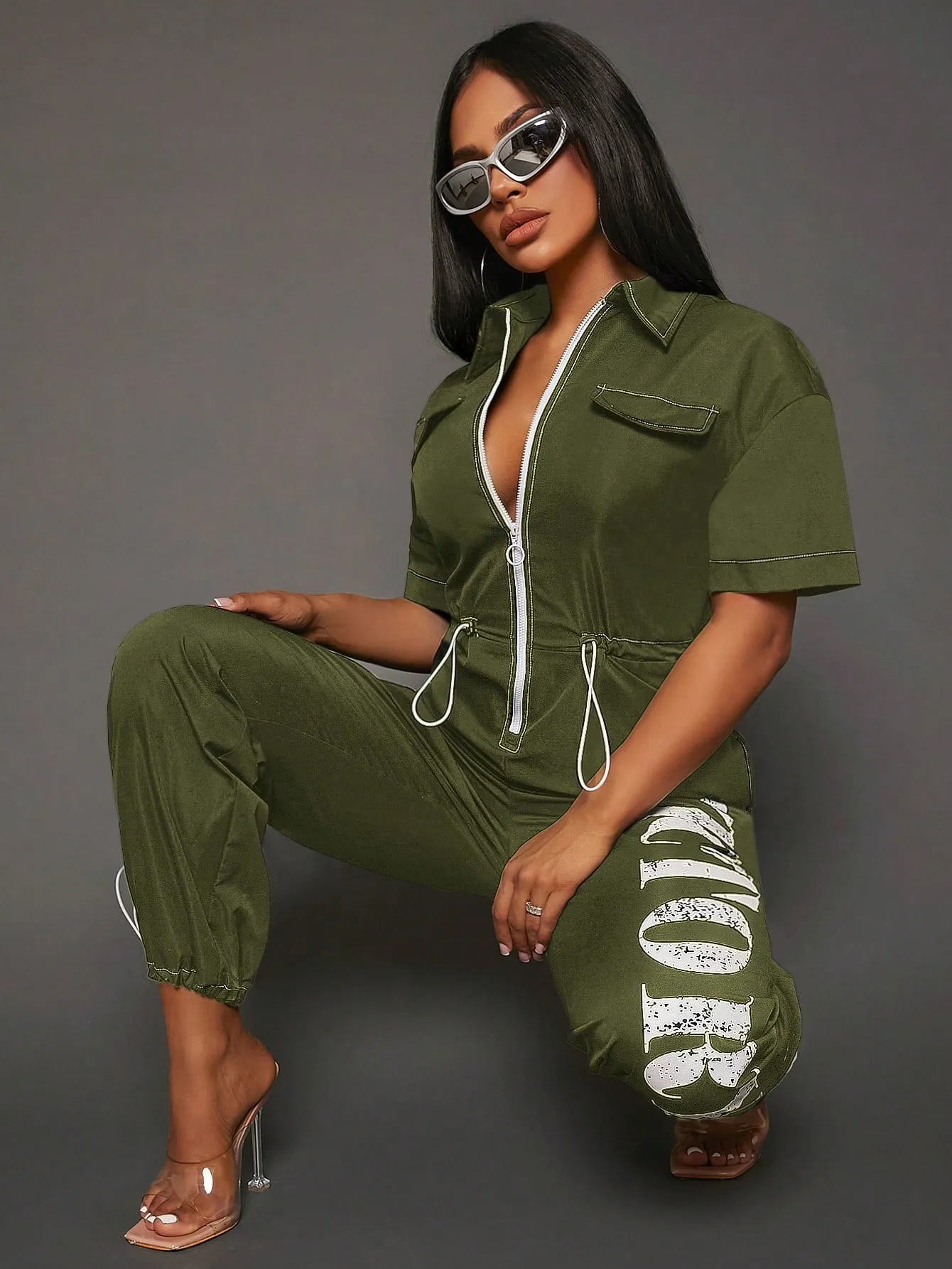 SEXY Letter Graphic Zip Up Drawstring Waist Jumpsuit