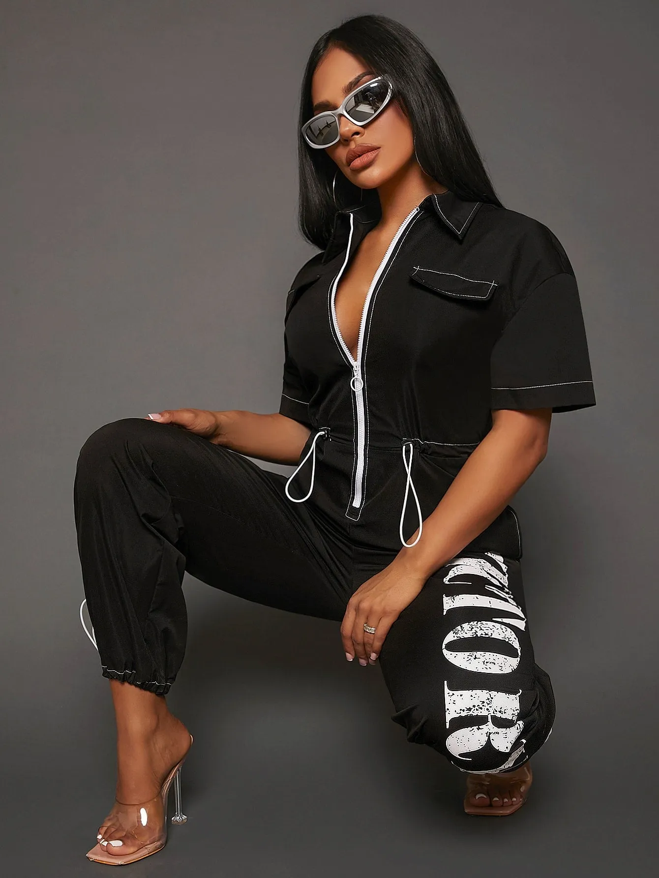 SEXY Letter Graphic Zip Up Drawstring Waist Jumpsuit