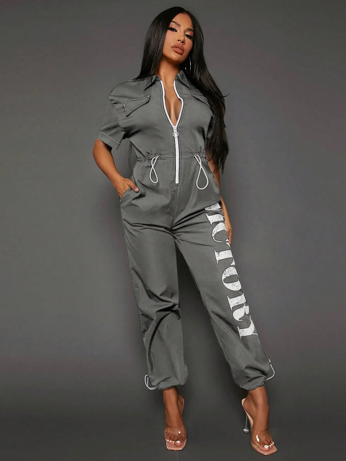 SEXY Letter Graphic Zip Up Drawstring Waist Jumpsuit