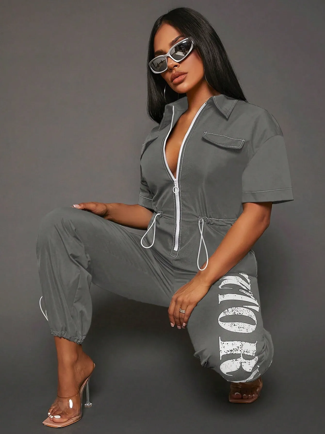SEXY Letter Graphic Zip Up Drawstring Waist Jumpsuit