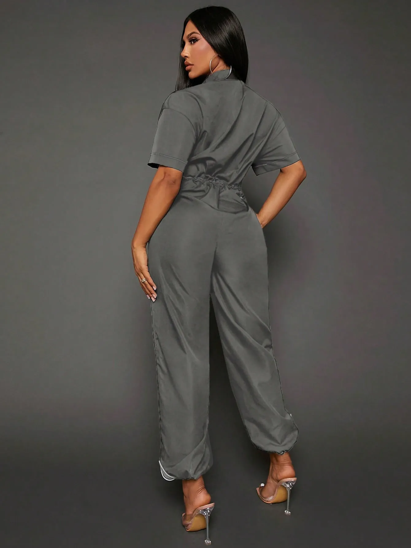 SEXY Letter Graphic Zip Up Drawstring Waist Jumpsuit