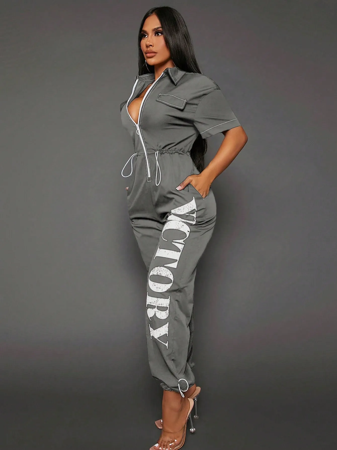 SEXY Letter Graphic Zip Up Drawstring Waist Jumpsuit