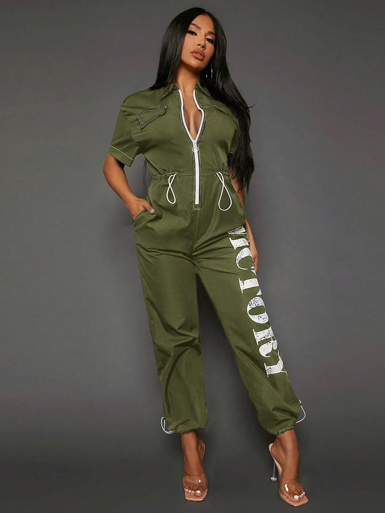 SEXY Letter Graphic Zip Up Drawstring Waist Jumpsuit