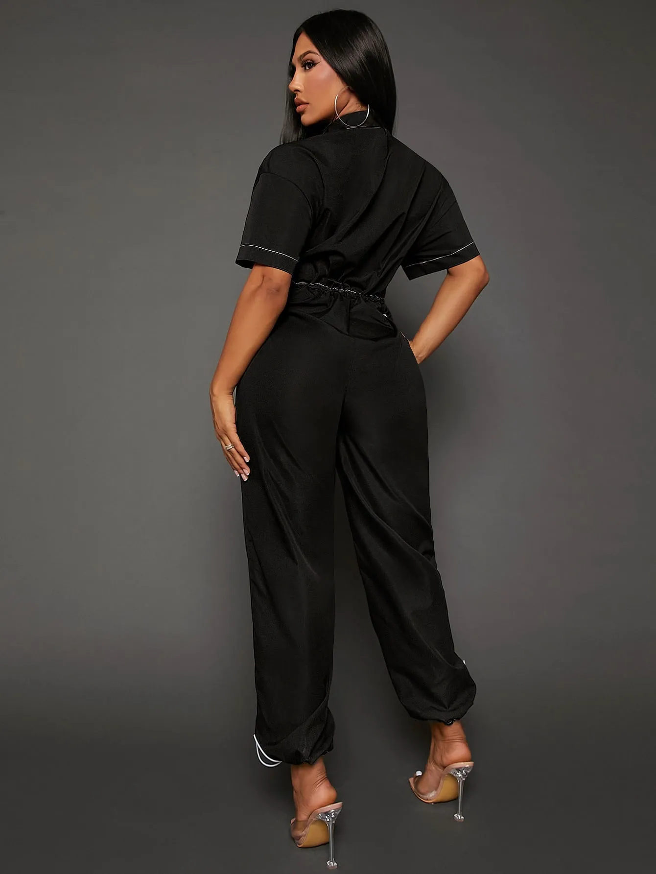 SEXY Letter Graphic Zip Up Drawstring Waist Jumpsuit