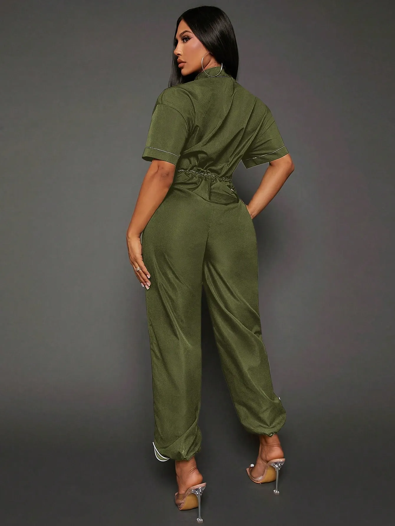SEXY Letter Graphic Zip Up Drawstring Waist Jumpsuit