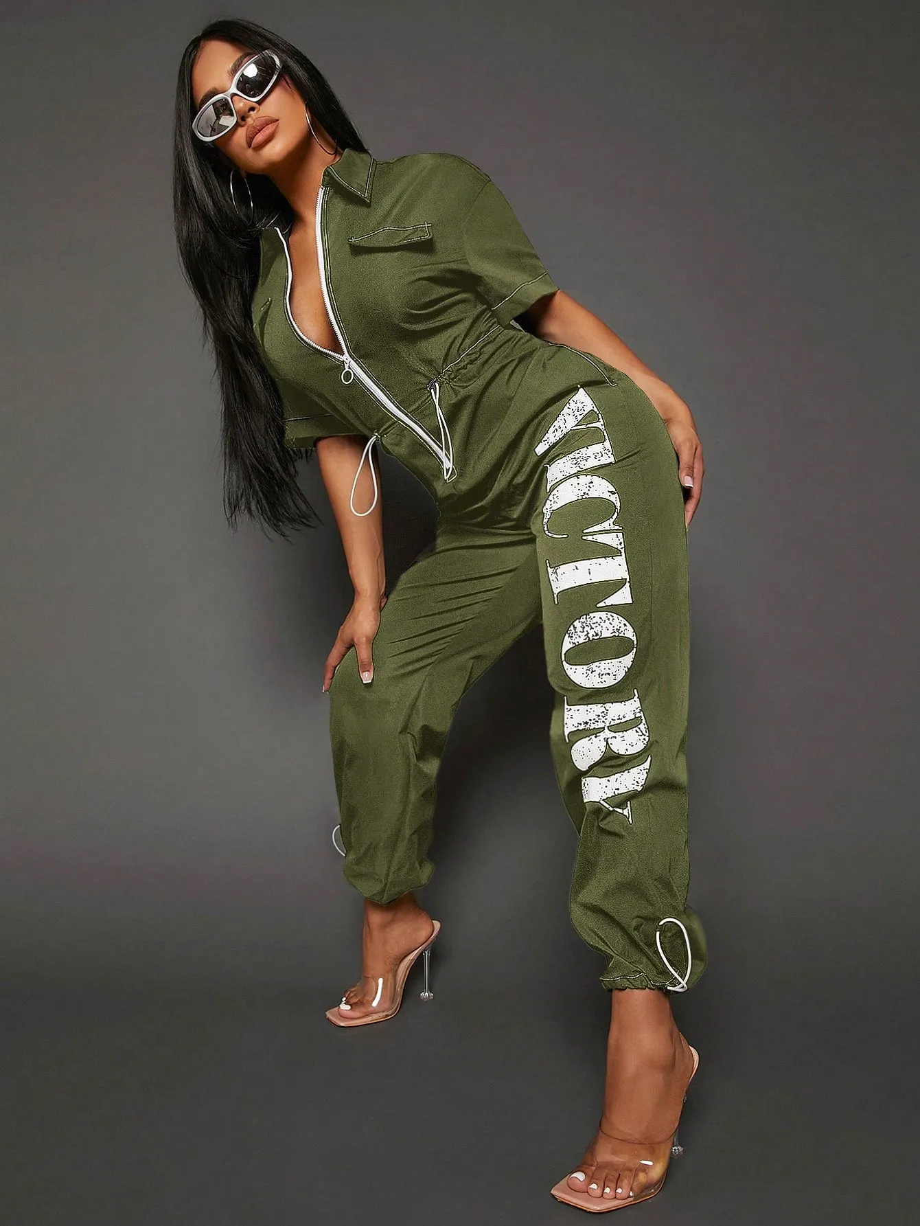 SEXY Letter Graphic Zip Up Drawstring Waist Jumpsuit