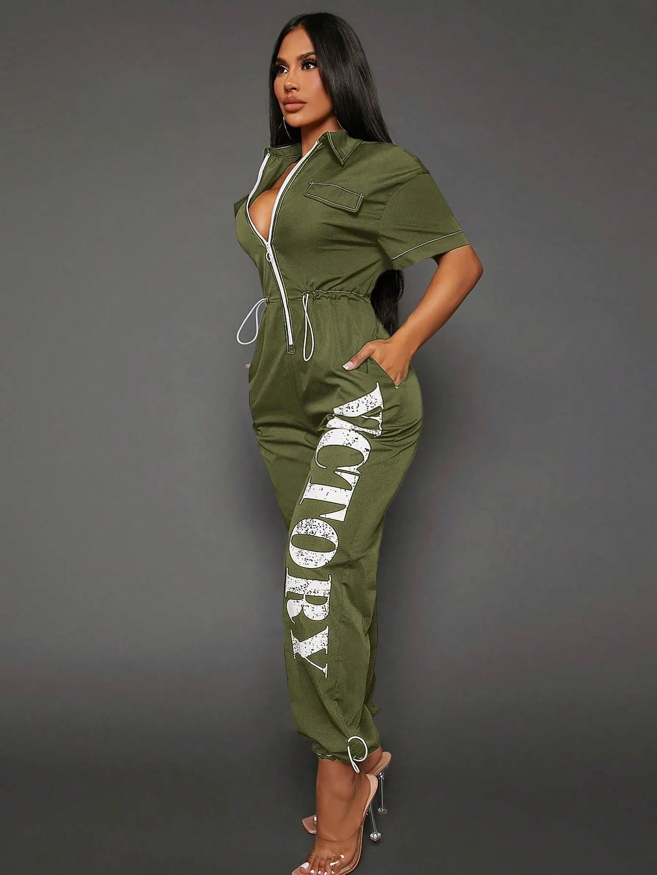 SEXY Letter Graphic Zip Up Drawstring Waist Jumpsuit