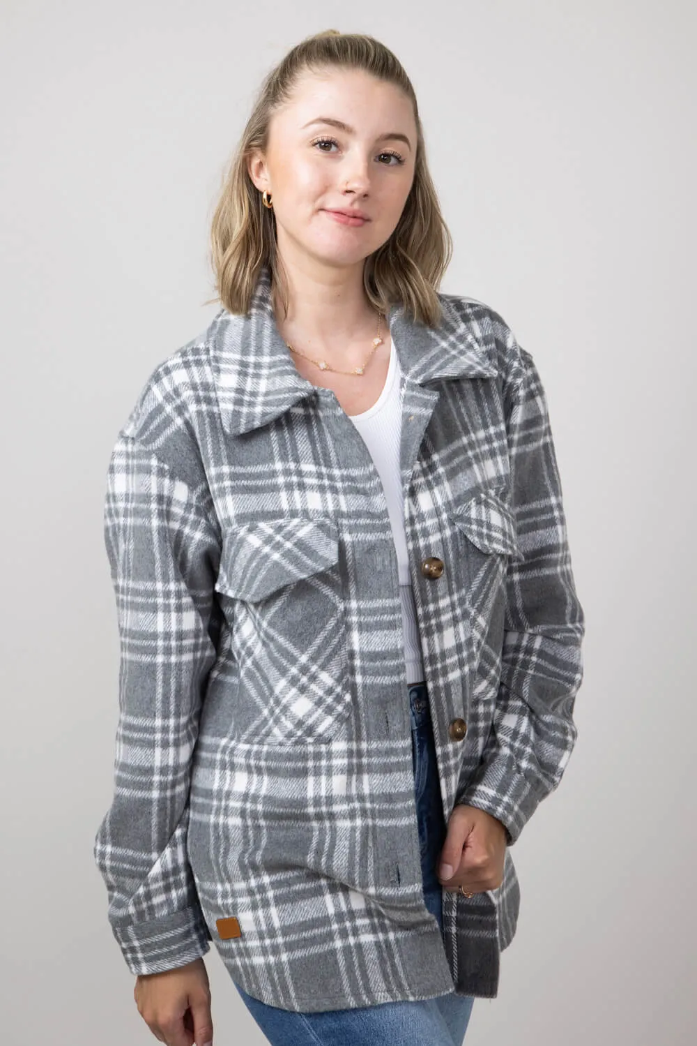 Simply Southern Plaid Shacket for Women in Grey | PP-0224-SHKT-JKT-BLPLD