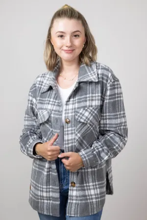 Simply Southern Plaid Shacket for Women in Grey | PP-0224-SHKT-JKT-BLPLD