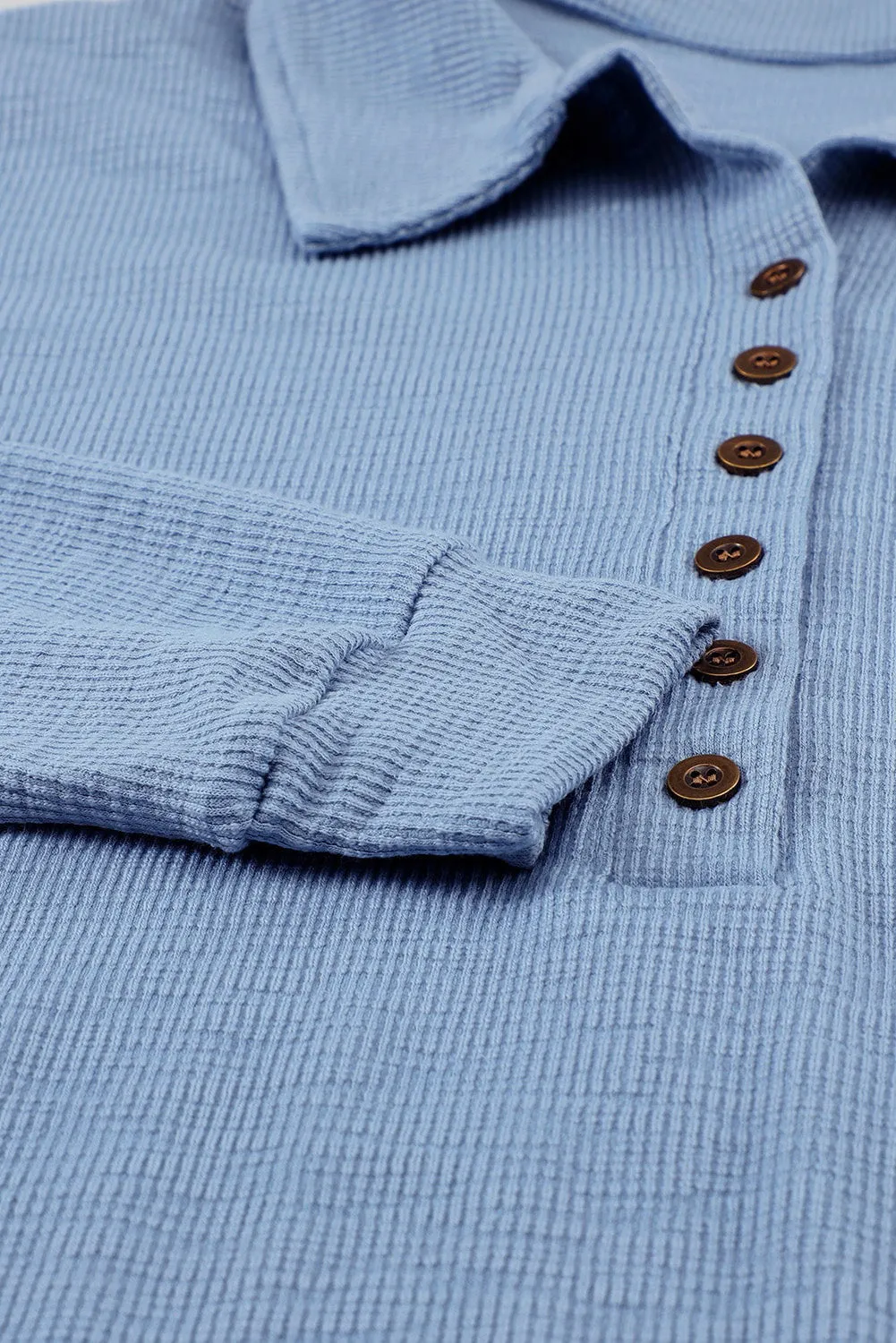 Sky Blue Button Front Turn-down Neck Knit Top