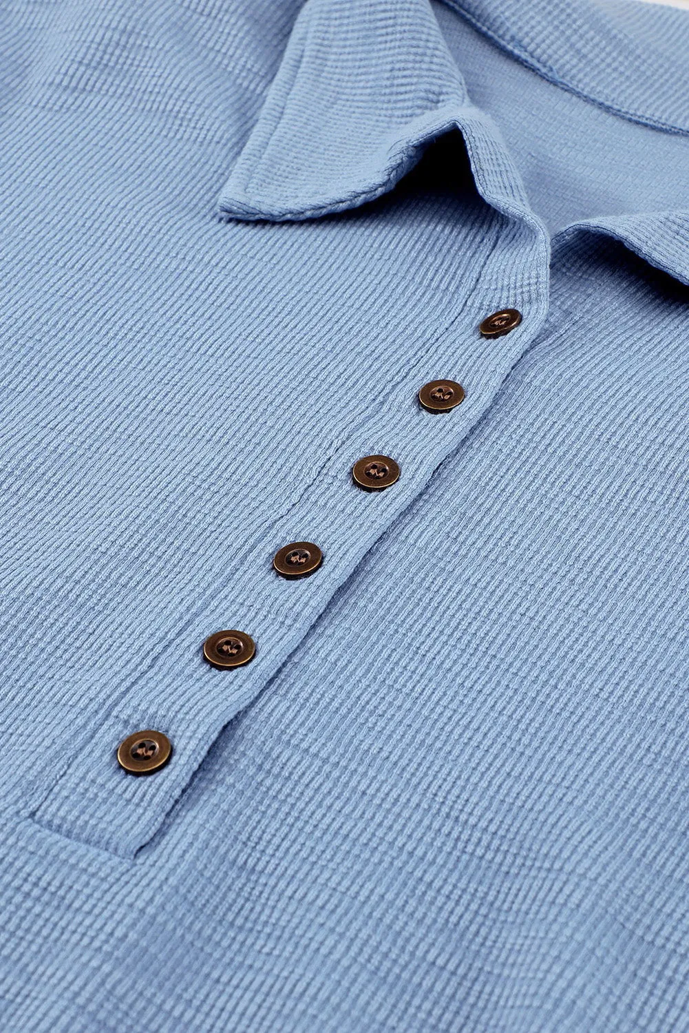 Sky Blue Button Front Turn-down Neck Knit Top