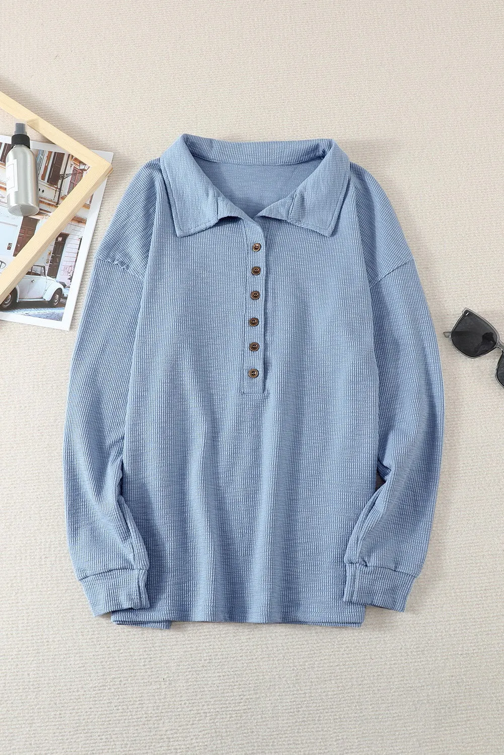 Sky Blue Button Front Turn-down Neck Knit Top