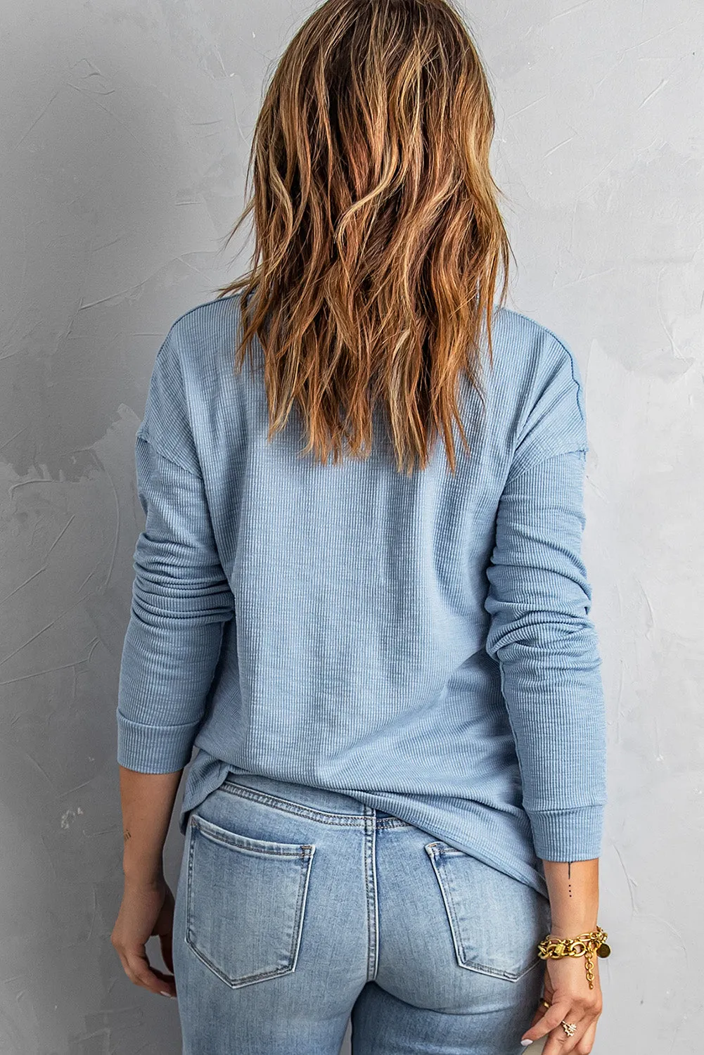 Sky Blue Button Front Turn-down Neck Knit Top