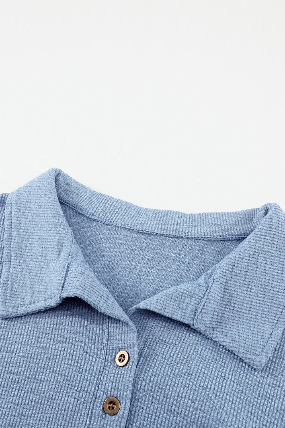 Sky Blue Button Front Turn-down Neck Knit Top