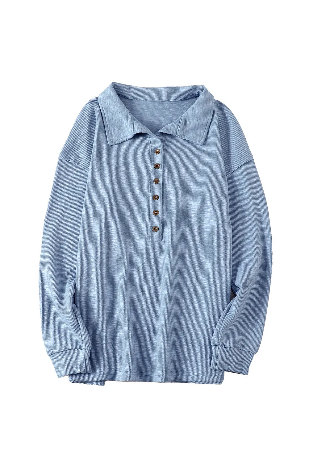 Sky Blue Button Front Turn-down Neck Knit Top