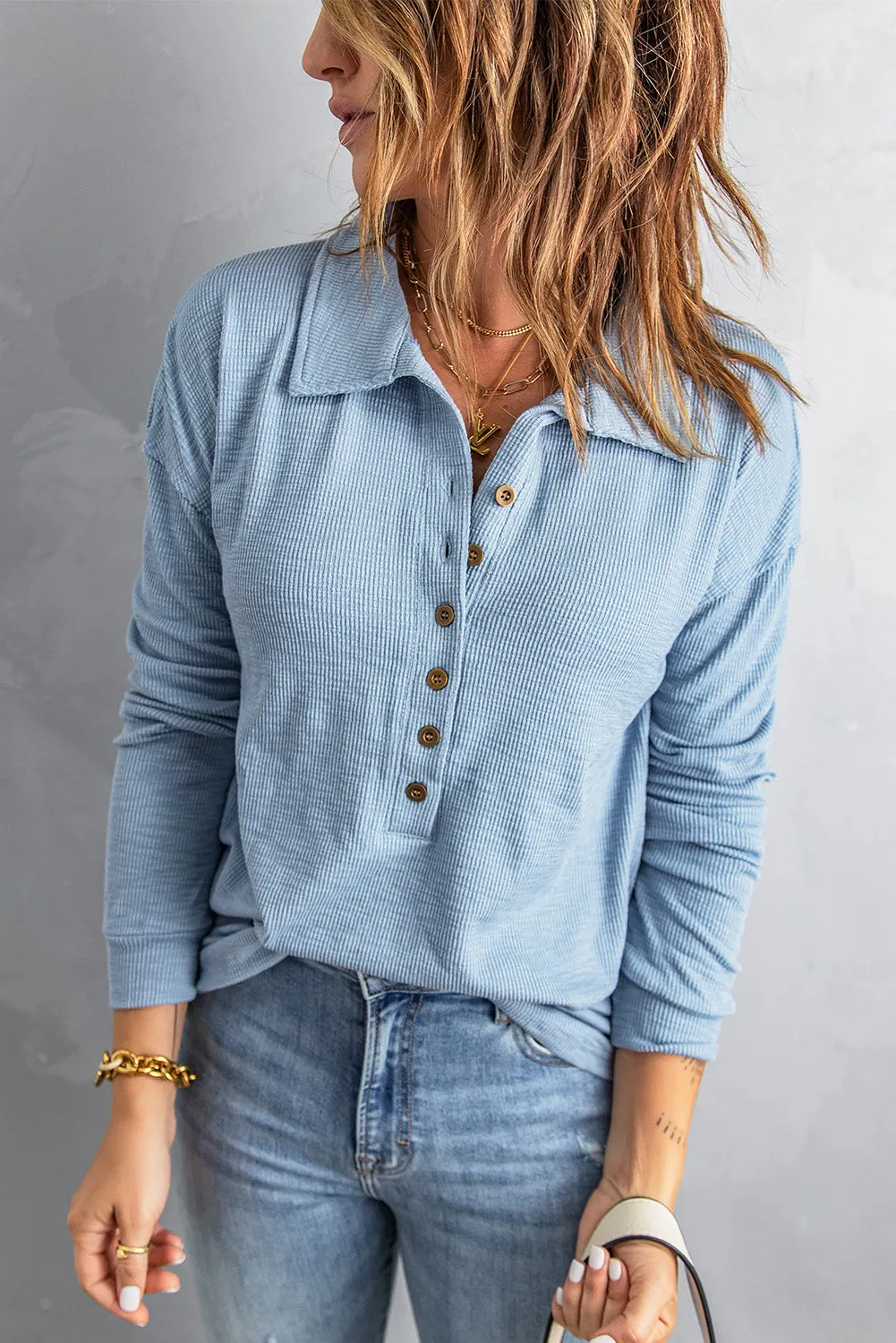 Sky Blue Button Front Turn-down Neck Knit Top