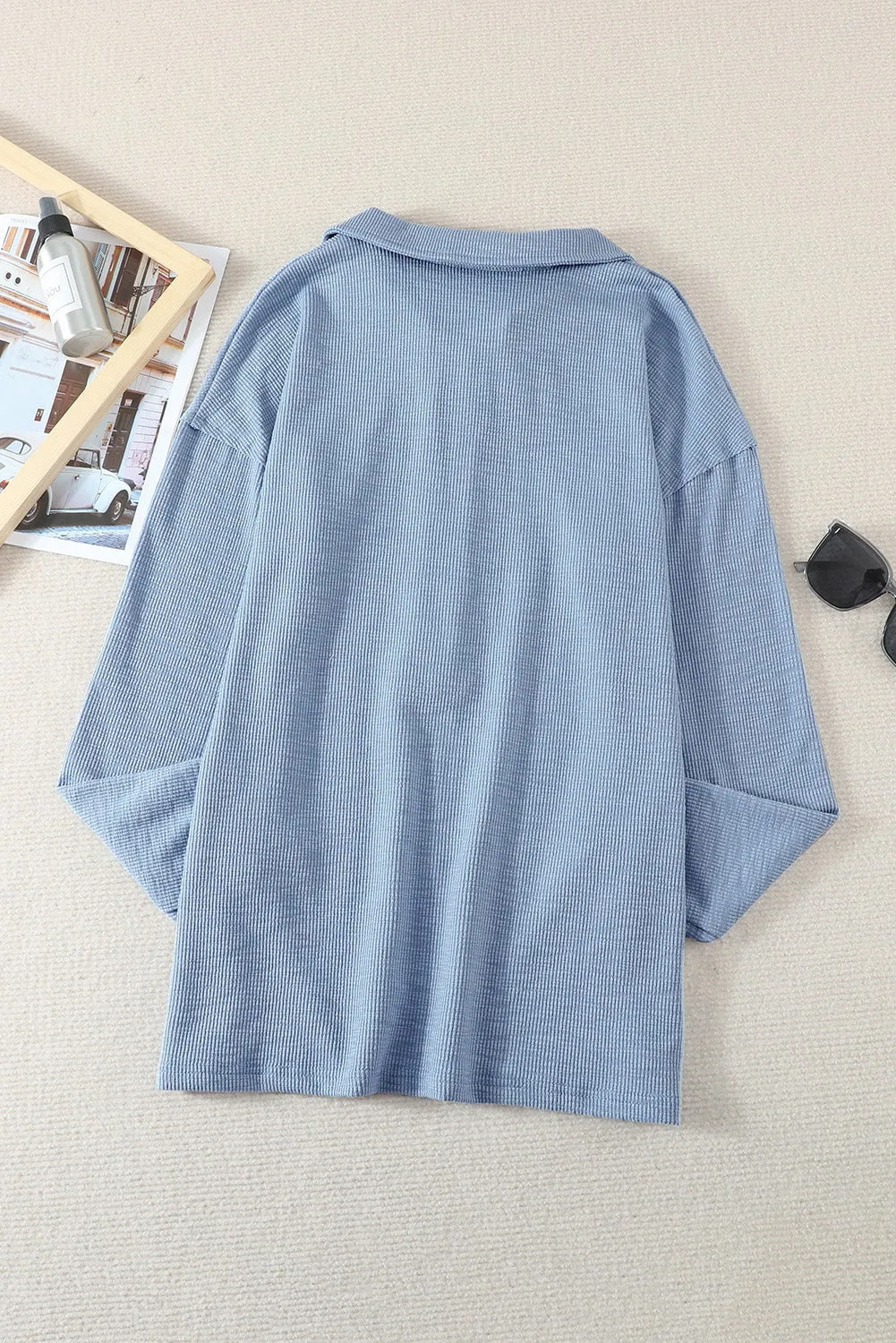 Sky Blue Button Front Turn-down Neck Knit Top
