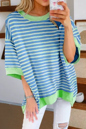 Sky Blue Stripe Oversized Exposed Seam High Low Pullover T Shirt