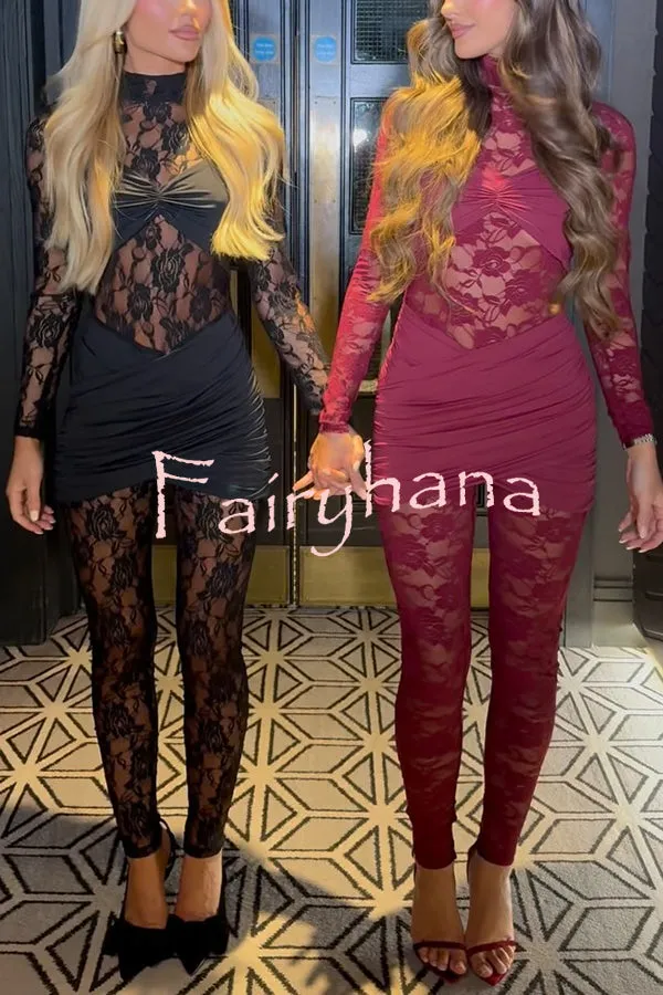 Slidell Lace Patchwork Twist Bust and Wrap Skirt Stretch Jumpsuit