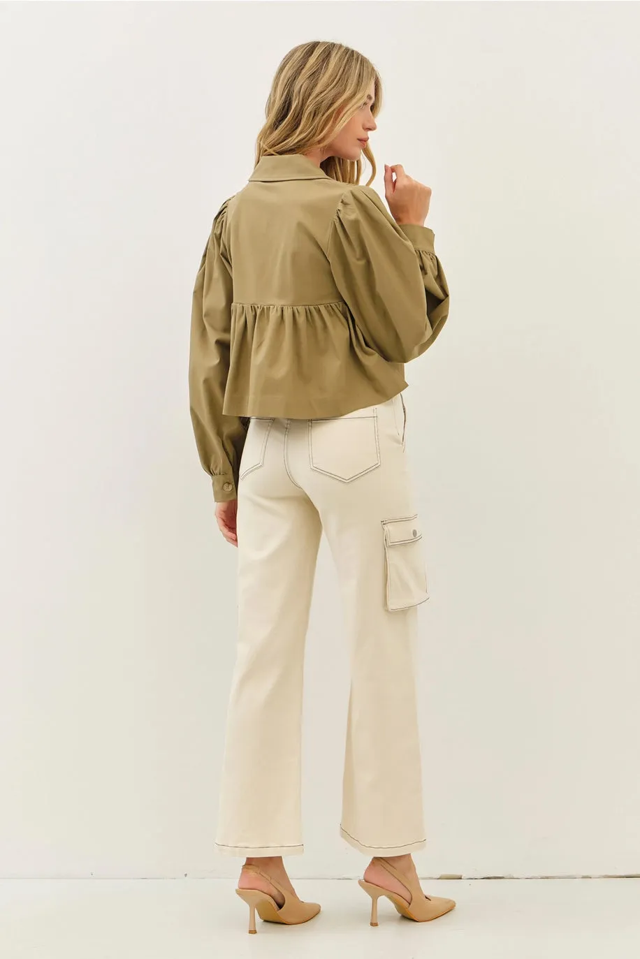 Soft Linen Smocked Babydoll Open Front Blouse