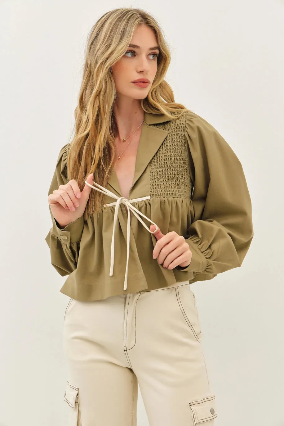 Soft Linen Smocked Babydoll Open Front Blouse