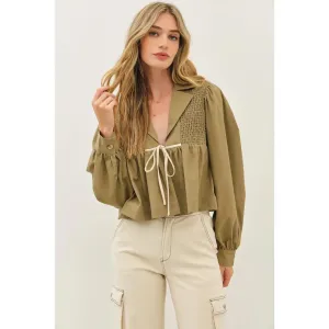 Soft Linen Smocked Babydoll Open Front Blouse