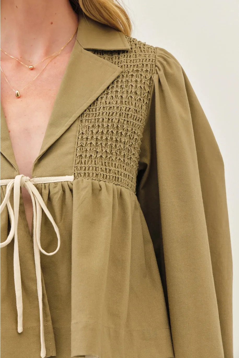 Soft Linen Smocked Babydoll Open Front Blouse
