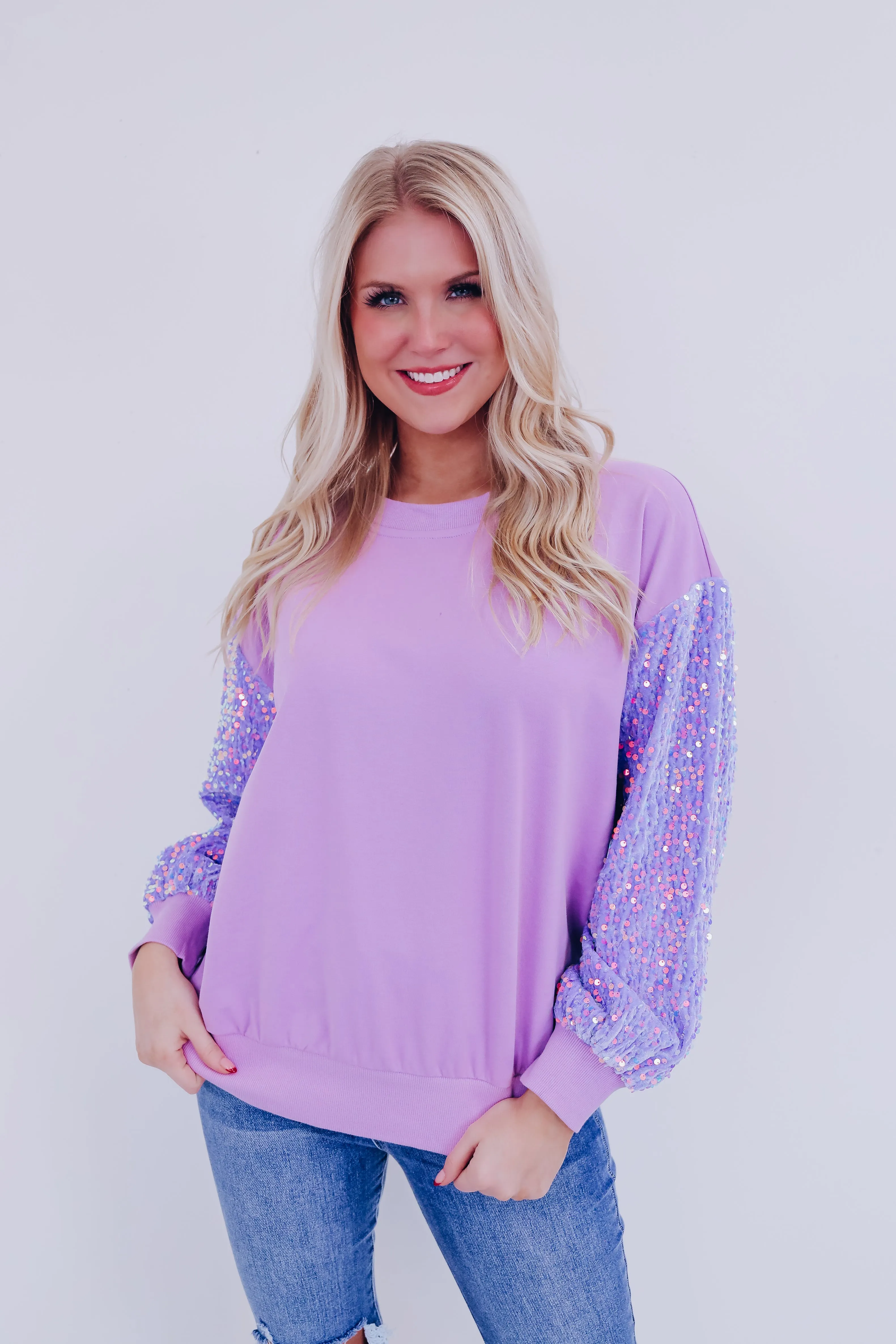 Stellina Sequin Sleeve Sweatshirt - Lavender