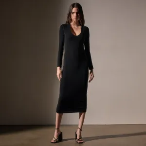 Stretch Lotus Deep V Dress - Black