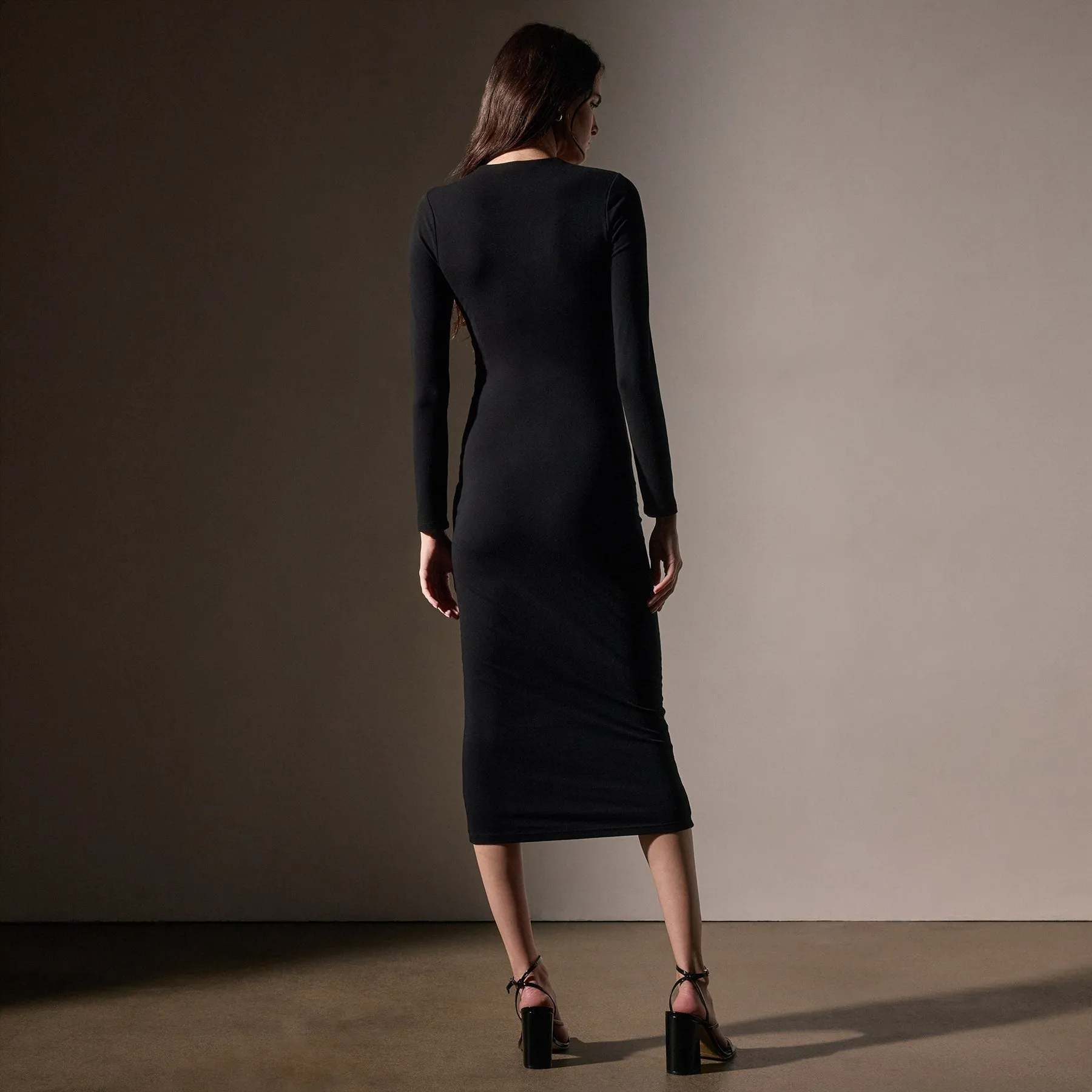 Stretch Lotus Deep V Dress - Black