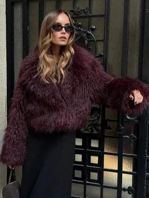 Stylish Oversized Fuzzy Faux Leather Coat for Ladies