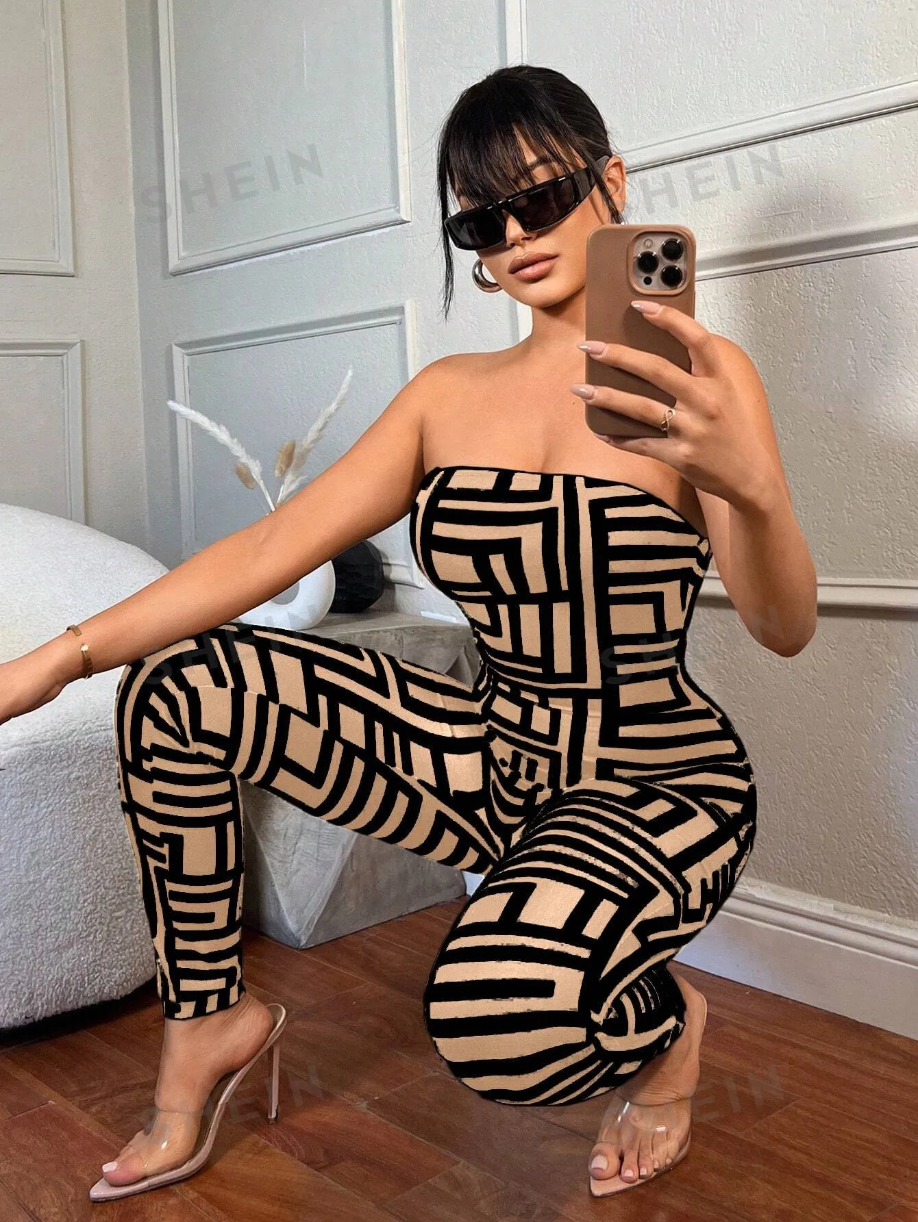 SXY Women's Summer Fashion Geometric Print Bandeau Bodycon Jumpsuit