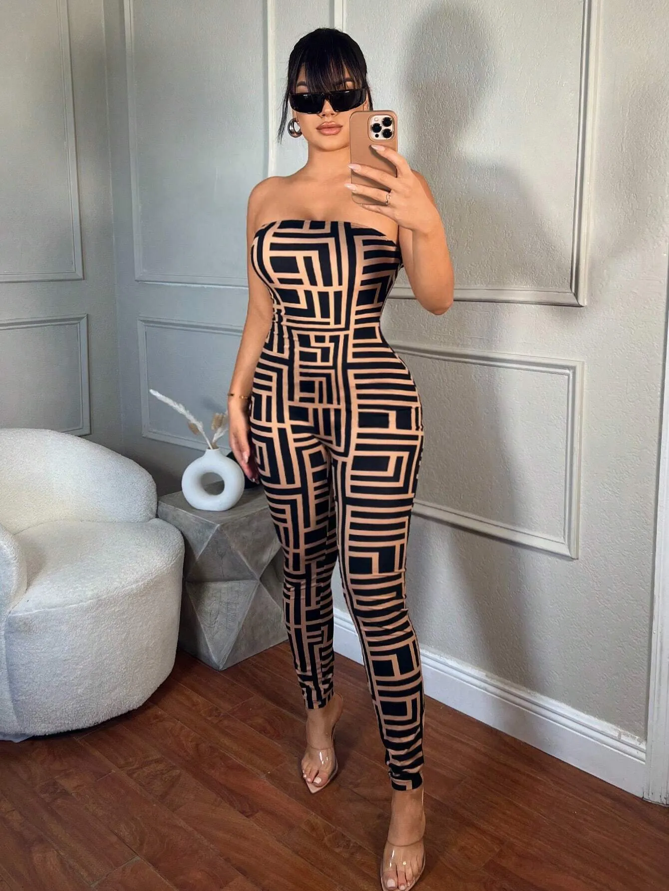 SXY Women's Summer Fashion Geometric Print Bandeau Bodycon Jumpsuit