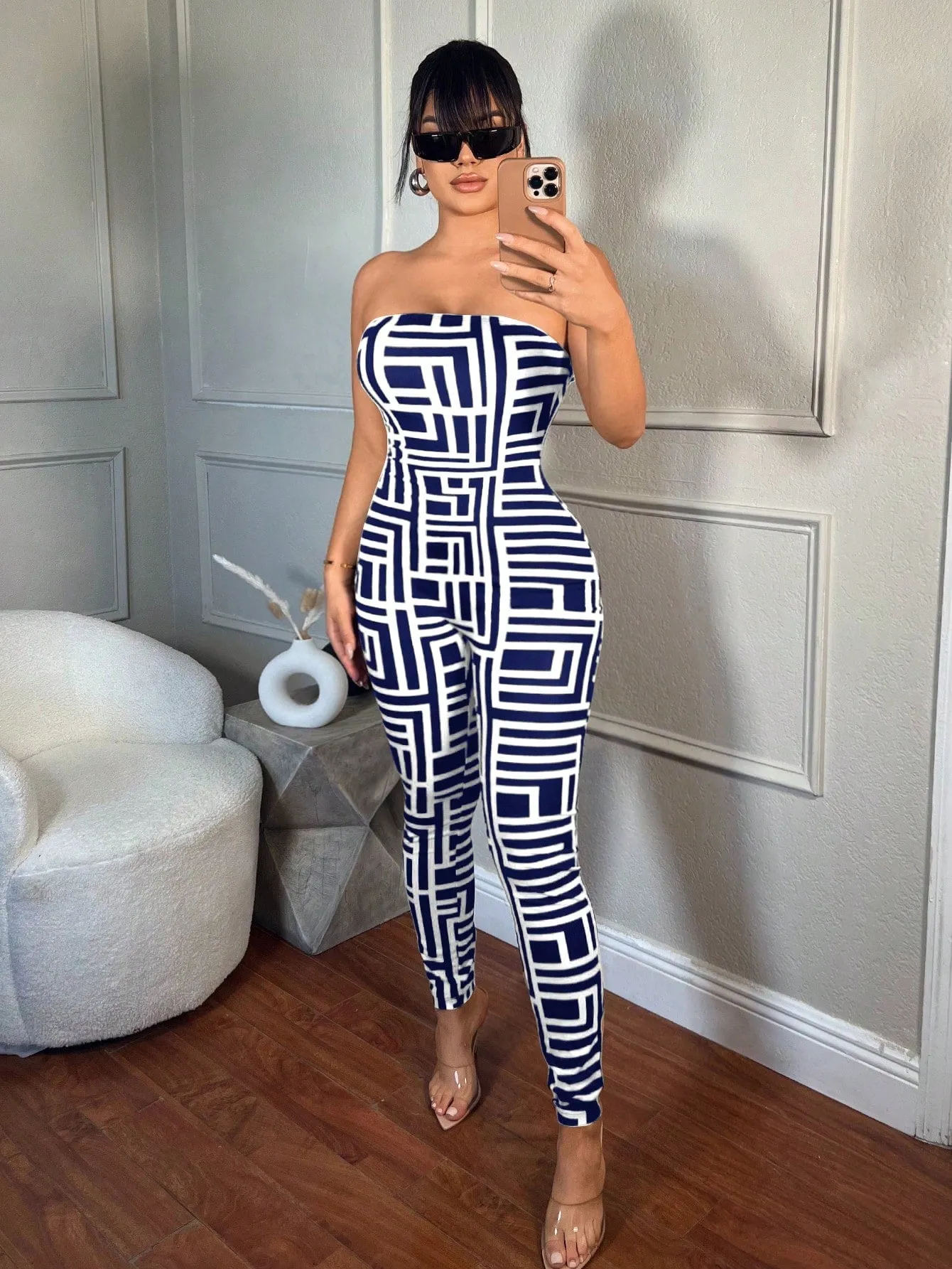 SXY Women's Summer Fashion Geometric Print Bandeau Bodycon Jumpsuit
