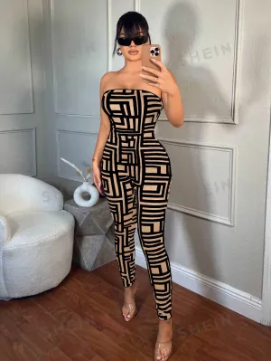 SXY Women's Summer Fashion Geometric Print Bandeau Bodycon Jumpsuit