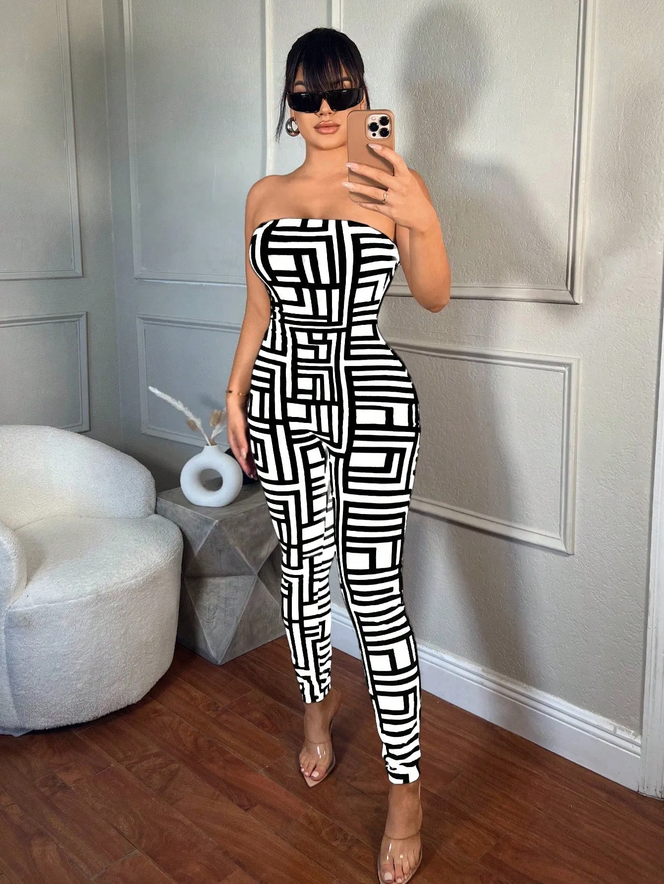 SXY Women's Summer Fashion Geometric Print Bandeau Bodycon Jumpsuit