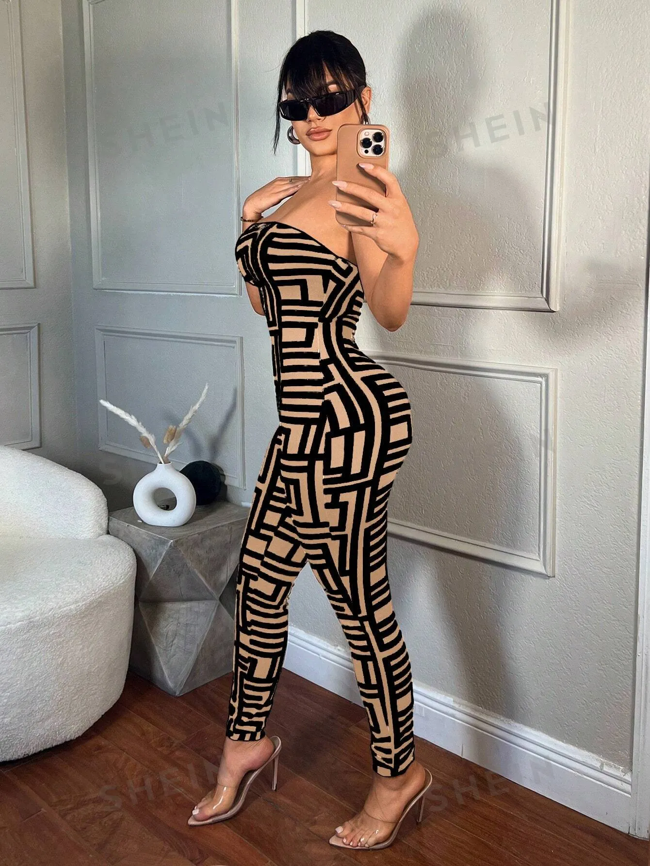 SXY Women's Summer Fashion Geometric Print Bandeau Bodycon Jumpsuit