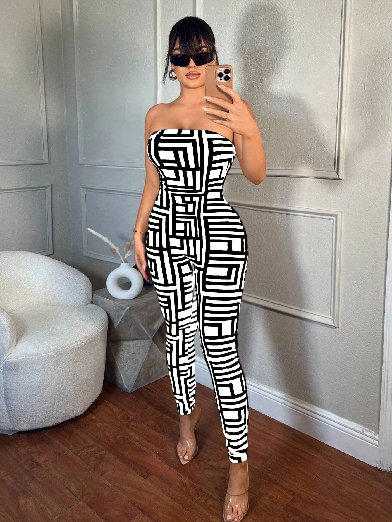 SXY Women's Summer Fashion Geometric Print Bandeau Bodycon Jumpsuit