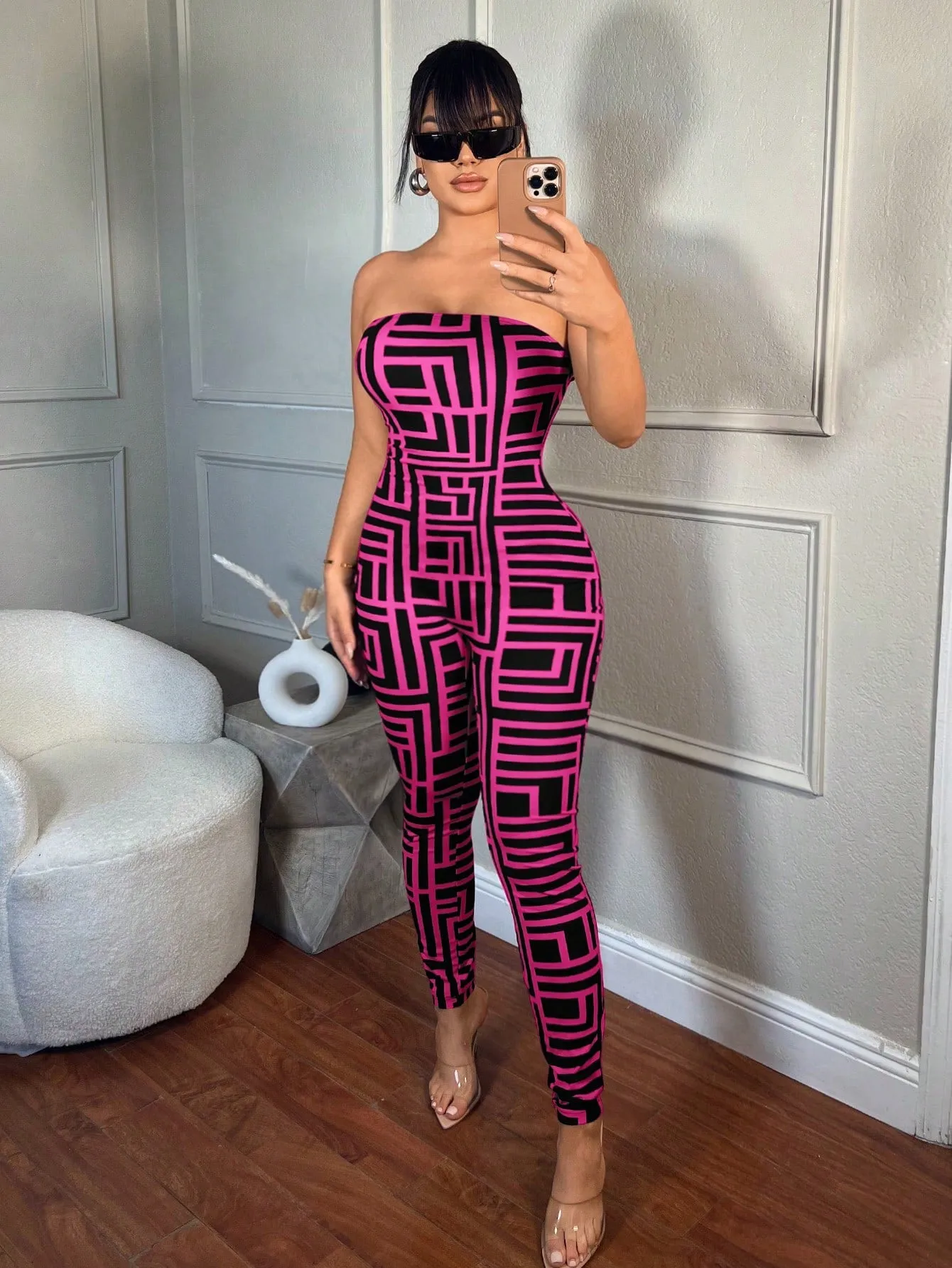 SXY Women's Summer Fashion Geometric Print Bandeau Bodycon Jumpsuit