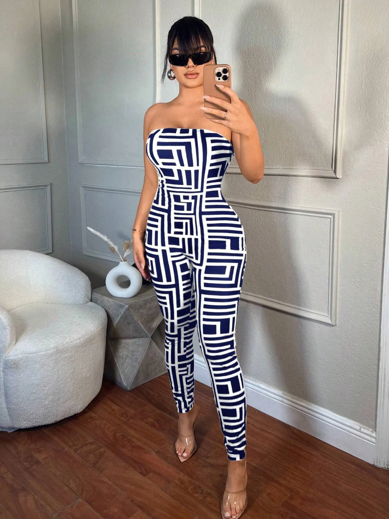SXY Women's Summer Fashion Geometric Print Bandeau Bodycon Jumpsuit