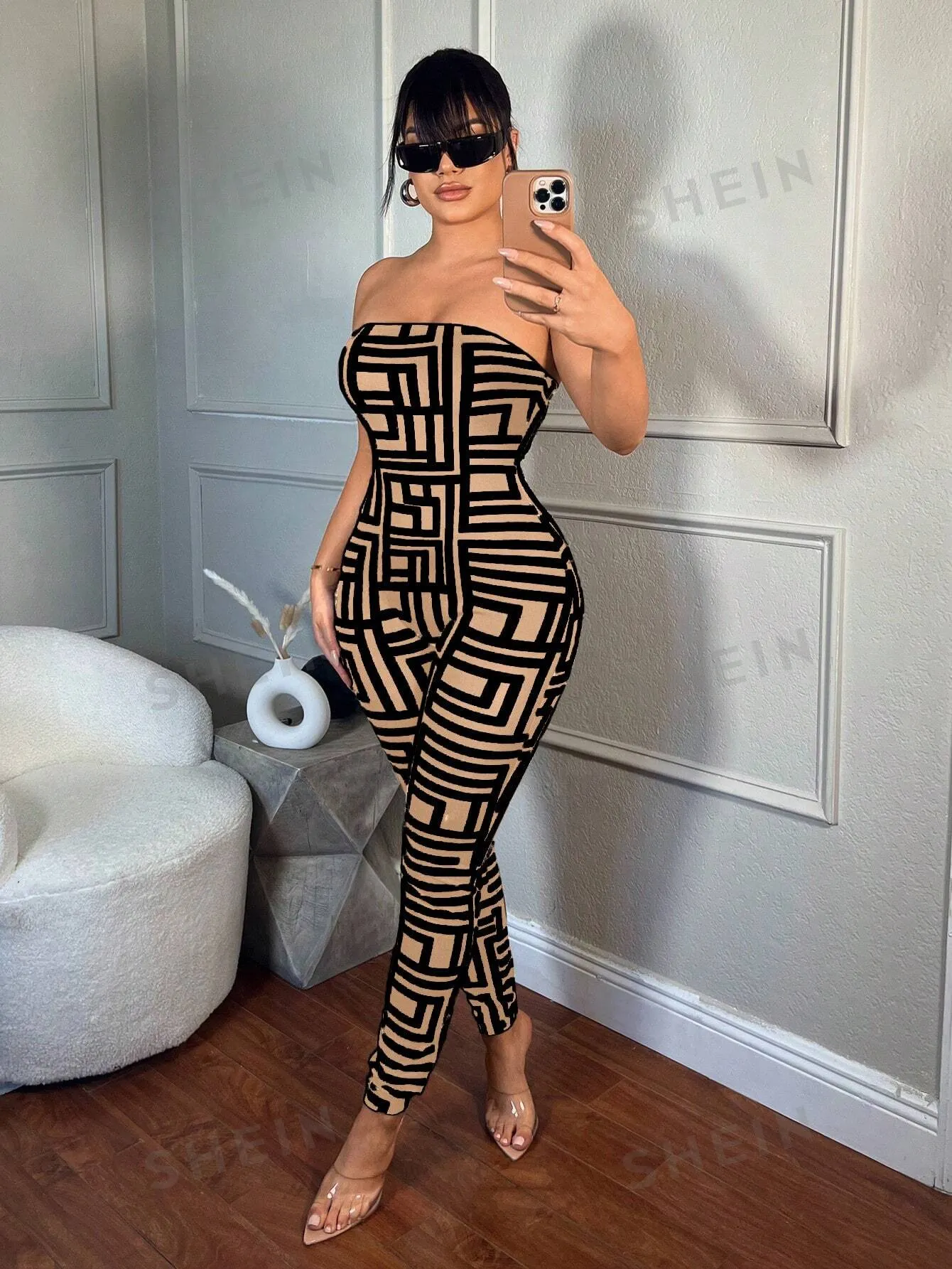 SXY Women's Summer Fashion Geometric Print Bandeau Bodycon Jumpsuit