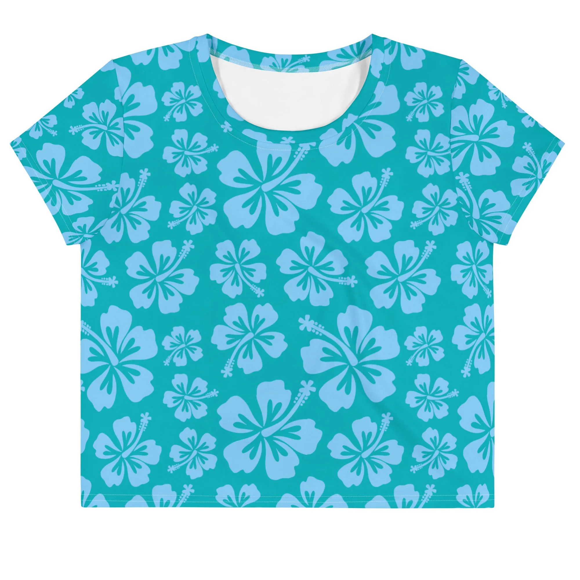 Teal & Aqua Hibiscus Print Crop-Top