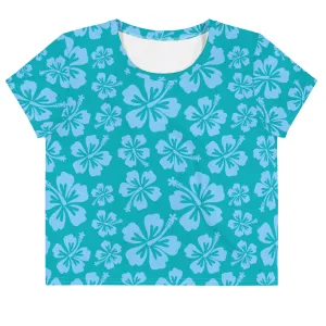 Teal & Aqua Hibiscus Print Crop-Top
