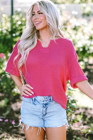 Textured Knit Split Neck Top