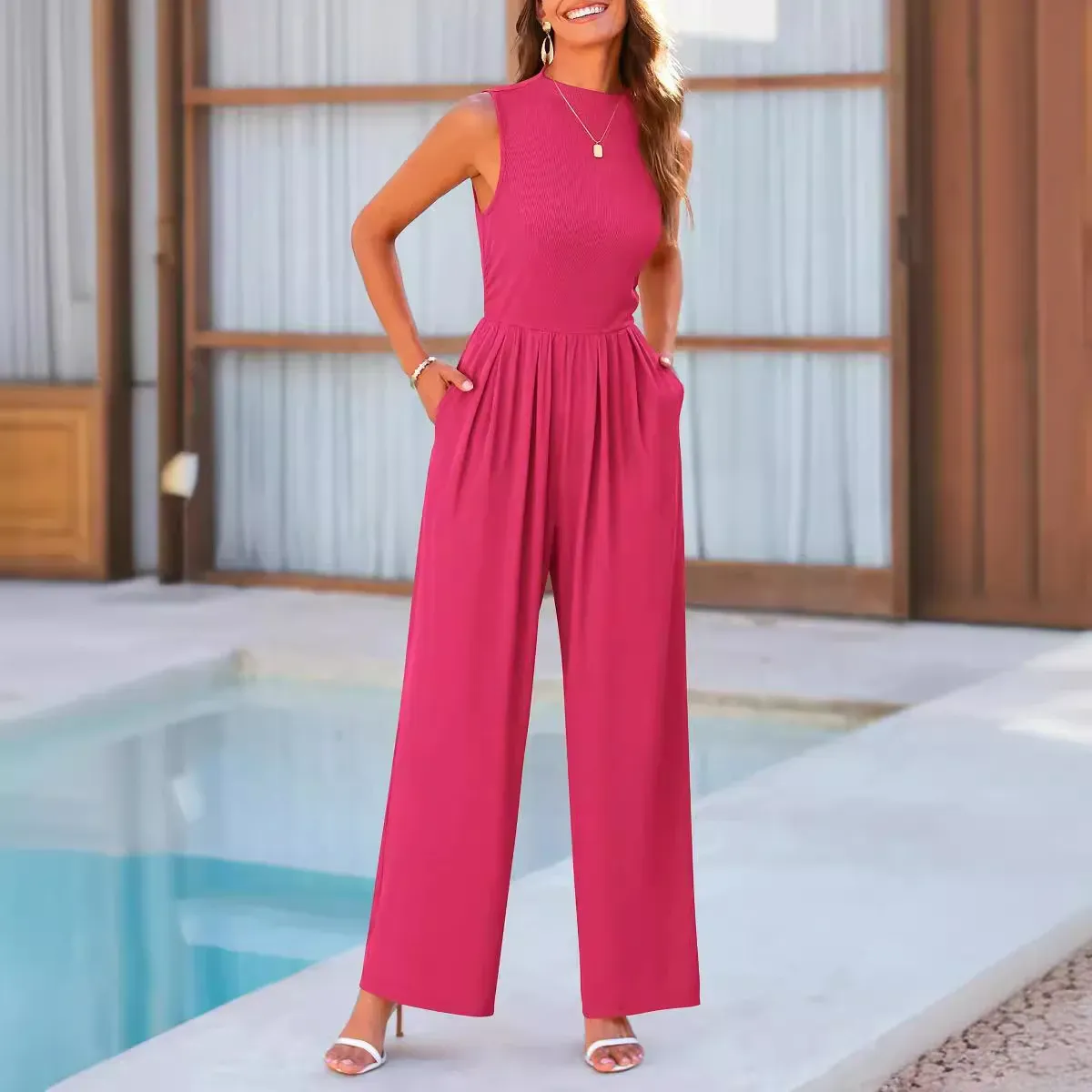 Thalia Sleeveless Ribbed Knit Gathered Wide Leg Jumpsuit